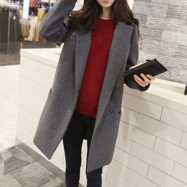 

long-sleeved slim medium length woolen overcoat women autumn warm coats with tailored collar grey double-breasted cotton oat, Black