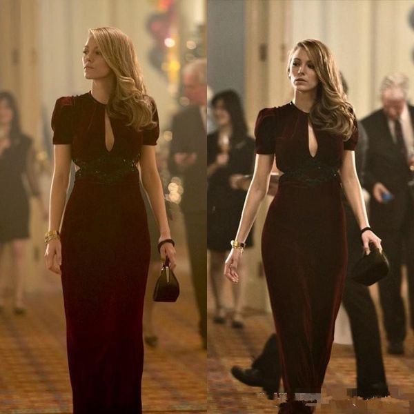 

2020 burgundy blake lively dresses age of adaline film sheath v neck short sleeve keyhole neck long formal dresses party evening gowns, Black;red