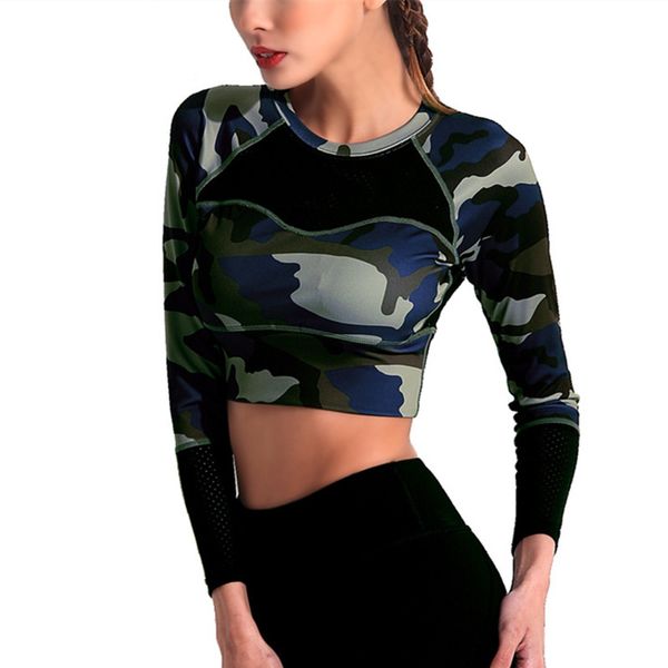 

2018 women yoga t shirt long sleeve t shirts patchwork gym camouflage crop mesh fitness running sport t-shirts with padded, Black;blue