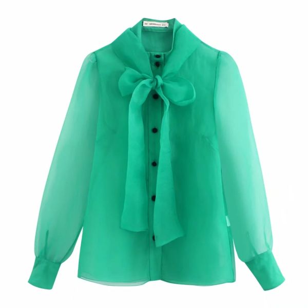 

2020 new women bow tied collar transparent organza smock shirts blouses women elegant business roupas chic chemise shirt ls6122, White