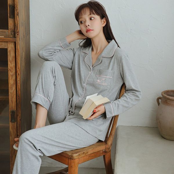 

100% cotton korean pajama sets for women 2019 spring long sleeve pyjama femme sleepwear loungewear homewear pijama mujer clothes, Blue;gray