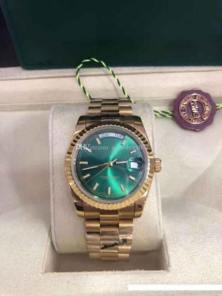 

with original box luxury fashion watches 36mm 18k yellow gold green dial 18038 watch automatic men's watch wristwatch, Slivery;brown