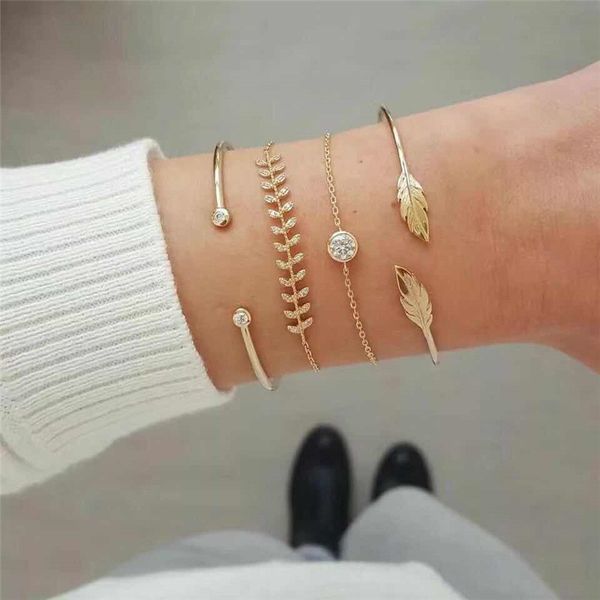 

4 pcs/set women's fashion exquisite crystal leaf geometric chain gold bracelet set bohemian vintage jewelry accessories, Black