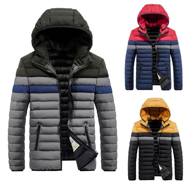 

men's winter streetwear splicing hoodie patchwork thickened cotton padded men coat, Black;brown