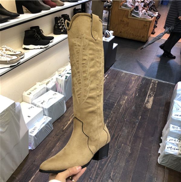 

women isabel style denzy point-toe western knee boots denzy embroidered suede knee high boots suede cowboy marant style shoes, Black