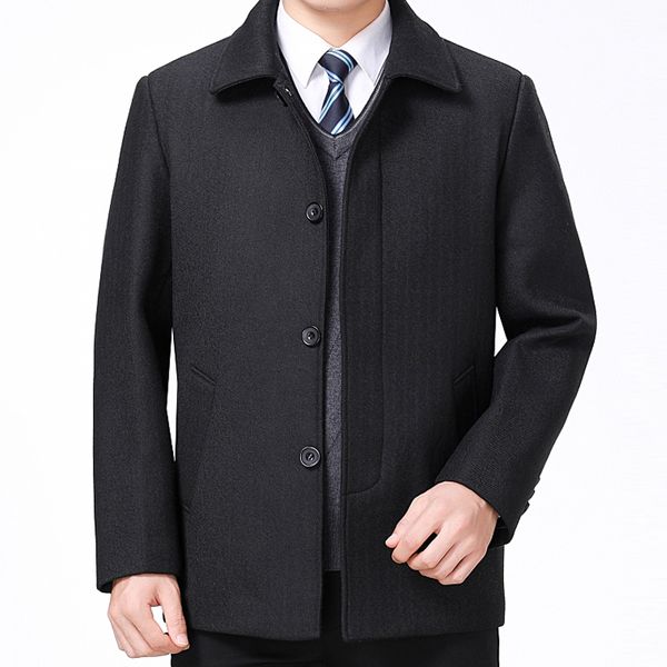 

men's cashmere coat men wool trench male fur turn down collar single breasted woolen outerwear 2019 new autumn winter warm coats, Black