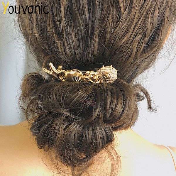 

youvanic women bohemian gold shell hairpin clips vintage starfish sea star snail barrettes headband summer hair accessories 0368, Golden;white