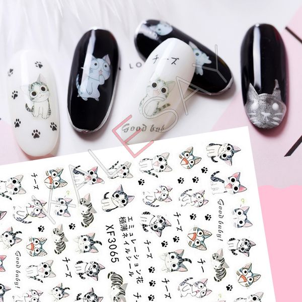 

3d nail art stickers manicure design japan cartoon cat nail sticker back glue adhesive 3d transfer decals decoration wraps, Black