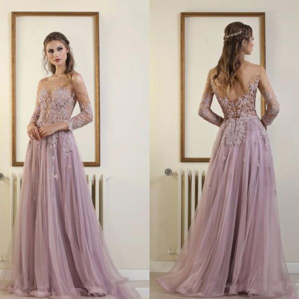 

Vintage Elie Saab Prom Dresses Evening Wear Lilac Sweep Train Backless Lace Appliques Beaded Party Gowns Cheap vestidos de fiesta