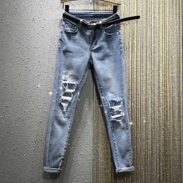 

европейский гордеолум джинсы женщина 2020 весна новая высокая талия ripped горячая drilling натяжные овсяные ножки джинсы карандаш брюки жен, Blue