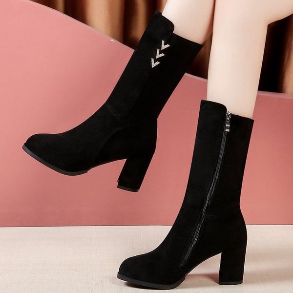 

boots women new 2019 women's rubber shoes rain winter footwear booties ladies platform round toe zipper high heel 2020, Black