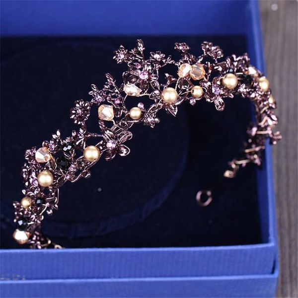 

luxury vintage bridal crown purple pearls headband bride headdress for women wedding hair accessories crystal head jewelry tiara, Golden;white