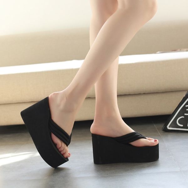 

11cm women flip flop wedges heels summer sandals slippers woman shoes women beach wedges shoes light bottom platform handmade 35-41, Black