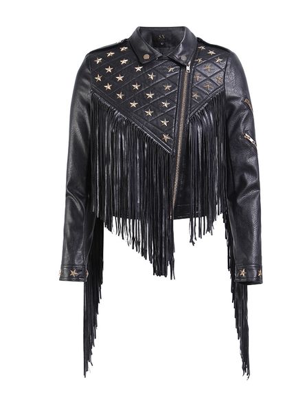 Pentagramm -Pailletten Tassel Damen PU Leder Jacken Punk Motorrad Biker Zip Niete Splim Slim Frau's Faux Fell Spring Kurzes Wildledermäntel s s