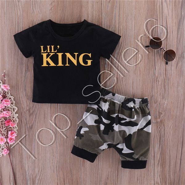 

ins baby clothes letters black short sleeve t-shirts camouflage shorts boys tee elastic waist short pants 2pcs set kids clothing cz312, White