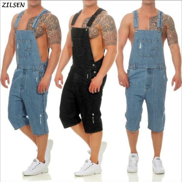

2019 cargo pants men overall casual jumpsuit jeans suspender biker stretch jeans vaqueros pantalon wash broken pocket trousers, Blue