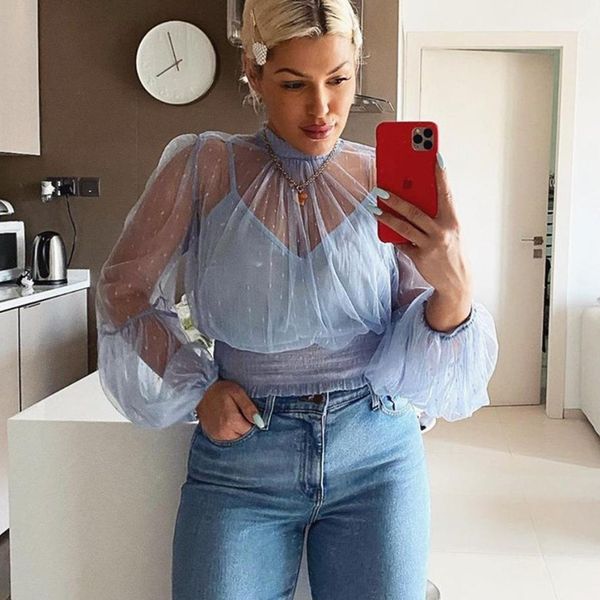 

deat 2020 new summer fashion casual long sleeve solid lace mesh pleated polka dot chiffon shirt women sd169, White