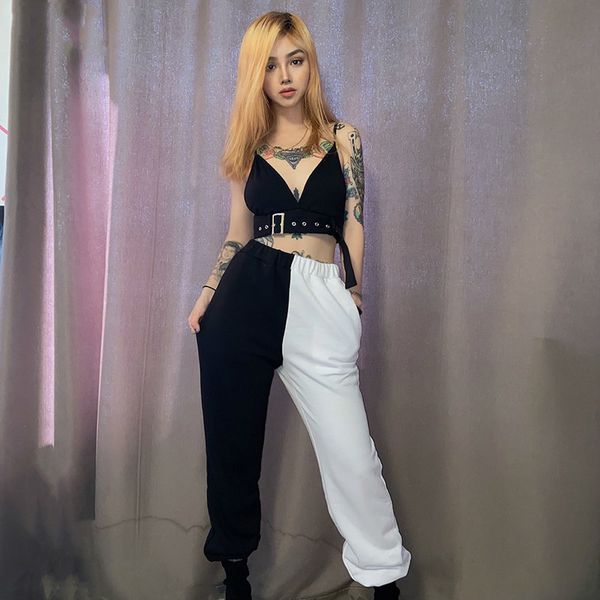 

2020 new contrast cargo broek vrouwen t-shirt losse hight taille broek elasticiteit sportbroek mujer joggingbroek women, Black;white