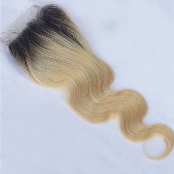 

4x4 1b 613 блондинка бразильская объемная волна реми человеческих волос кружева закрытие средний свободный три части топ закрытия, Black;brown