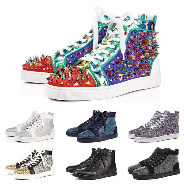 

designer fashion luxury red bottom studded spikes flats shoes for men women glitter party lovers genuine leather casual sneakers xshfbcl, Black