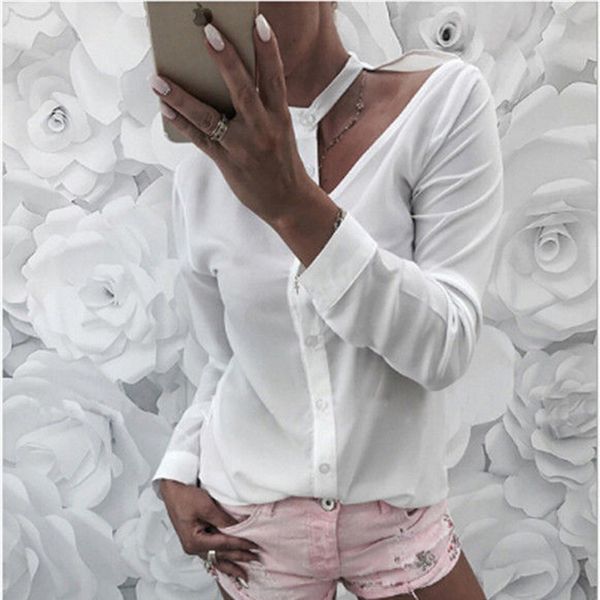 

summer womens blouses long sleeve irregular hollow collar chiffon blouse shirt female blusas casual halter, White