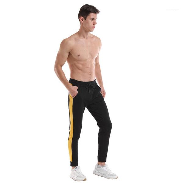 

men panelled striped pencil pants summer designer sports slim drawstring trousers males fitness contrast color pant, Black