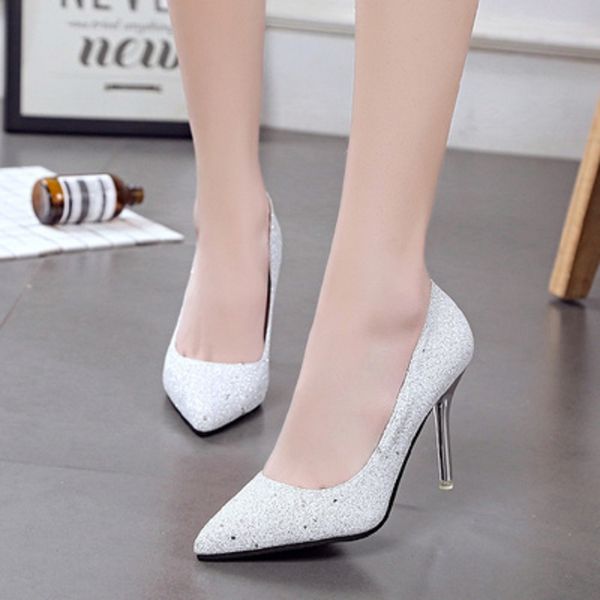 

2019 spring and summer new high heel women's fine with gold pointed wedding shoes crystal evening dress single shoes silver brid, Black