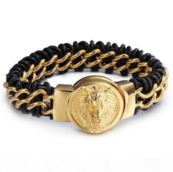 

hiphop new punk style 8.66'' 18mm genuine leather 316l stainless steel biker gold wolf head design men's bracelet bangle, Black
