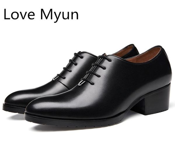 

men's genuine leather career dance oxford shoes men high heels round toe lace business dress shoes height increase wedding, Black