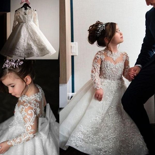 

girl's dresses lovely long sleeve flower girls 2021 beaded lace applique with bow sparkly birthday communion dress vestidos para niÃ±a, Red;yellow