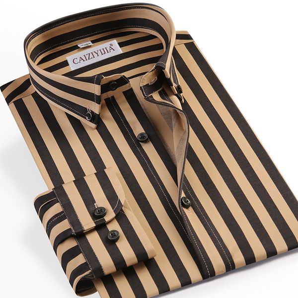 

caiziyijia men vertical striped button down cotton long sleeve dress shirts casual standard-fit non-iron camisa masculina, White;black