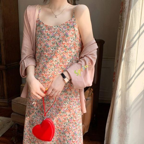 

women summer sweet spaghetti strap loose long floral chiffon dress sleeveless 2020 straight sundress, Black;gray