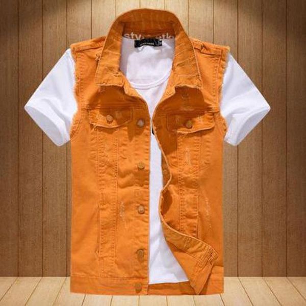 

summer fall fashion men male ripped hole distressed tassel sleeveless orange denim vest coat , casual man buttons jeans vests, Black;white