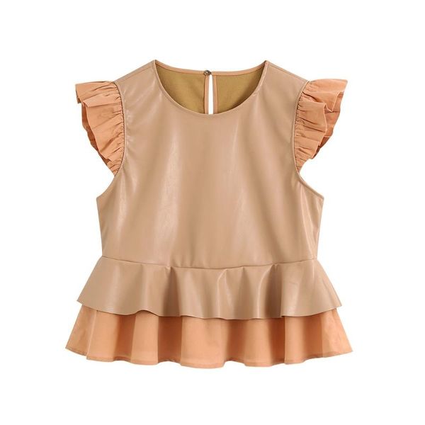 

2020 summer women's new round neck sleeveless laminated decorative shirt tonal stitching fabric back split faux leather shirt, White