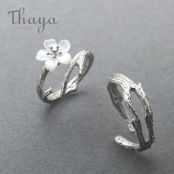 

thaya white cherry blossom silver ring s925 silver natural pearl shell flower branch rings for women elegant ladies jewelry, Slivery;golden