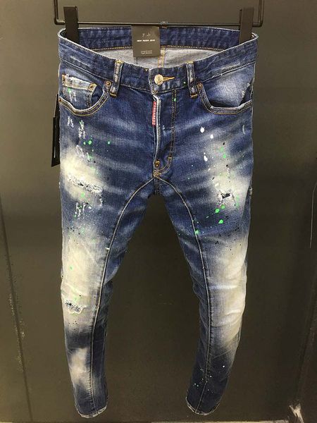 

european and american hole patch whitening slim feet jeans men's youth korean version of the elastic trend spring student pants, Blue