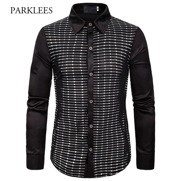 

punk style mens shiny sequin shirts 2019 new sparkle silk satin shirt men carnival party prom show costume camisa masculina 2xl, White;black