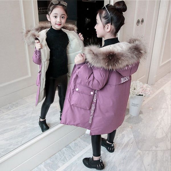 

girl winter down jacket clothes kids warm thicken hooded big fur collar parka coats outwear -30 degrees girls long clothing, Blue;gray