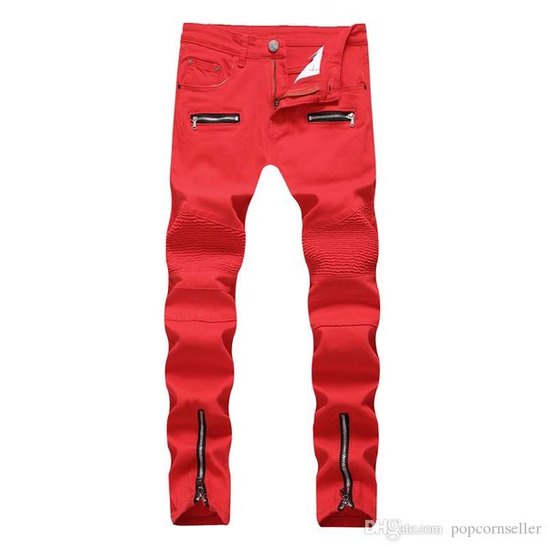 

mens designer parallel pants fashion motorcycle zipper wrinkle casual denim trousers male regular casual cool clothing, Black