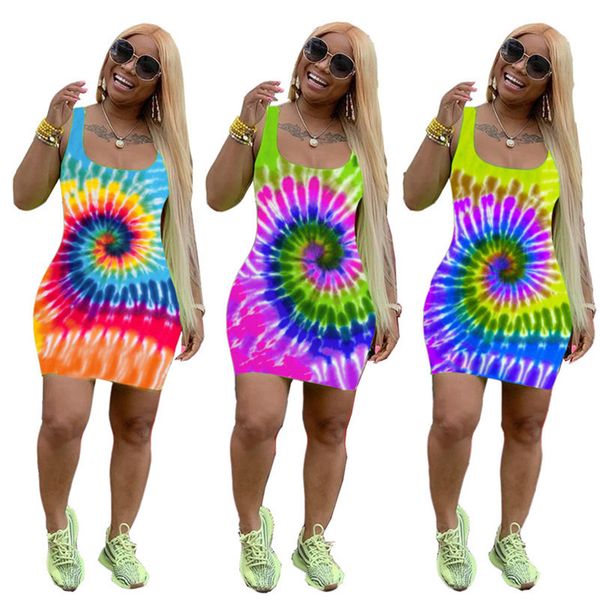 

summer tie-dye printed women's clothing short skirts sleeveless slip dresses fashion slim dress beach casual clubwear s-xl 2019 c72404, White
