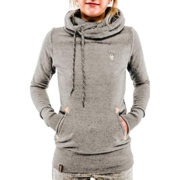 

women's hoodies & sweatshirts autumn winter scarf collar women long sleeved pullovers female solid casual gray hooded sweatshirt s1, Black