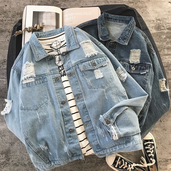 

mens blue denim jackets mens spring new fashion hole casual loose hip hop denim coats cotton solid cowboy jackets, Black;brown
