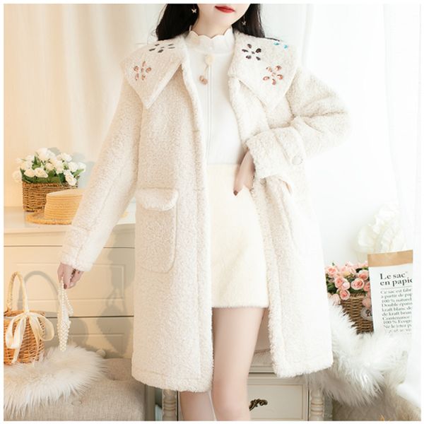 

3 colors new winter long embroided wool coat sweet loose flower diamond heavy work lapel women jacket office lady, Black
