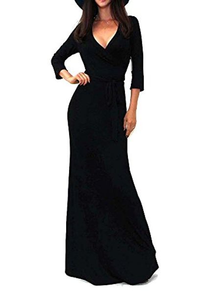 

vivicastle women's solid v-neck 3/4 sleeve faux wrap waist long maxi dress, Black;gray