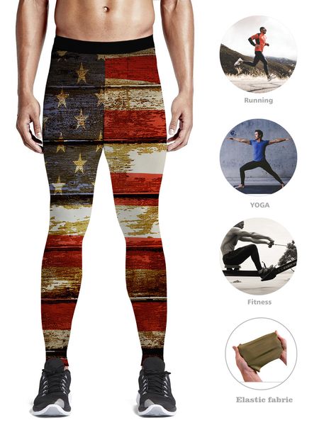 

american flag wooden background pants men fashion party high waisted high waisted animal print wearability compression nine pant, Black