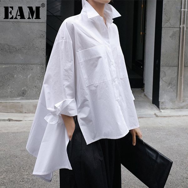 

eam] 2019 new autumn winter lapel long sleeve white back long loose big size irregular shirt women blouse fashion tide ju847