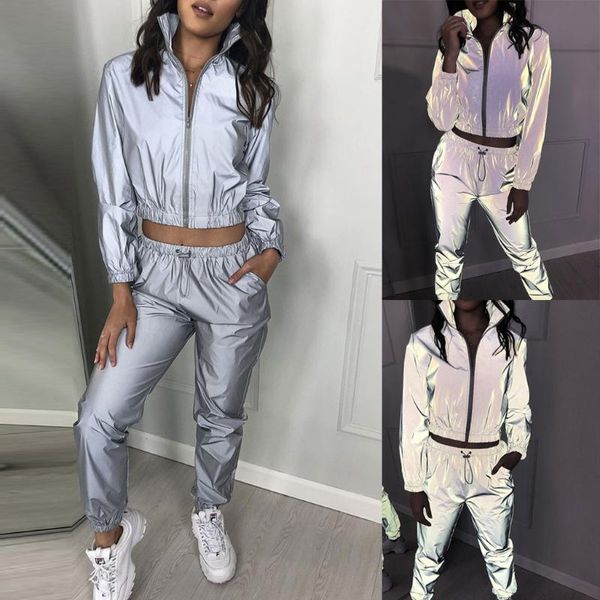 

autumn winter women casual reflective two piece set fashion long sleeve crop + pants conjunto de pans deportivo dama 2020, White