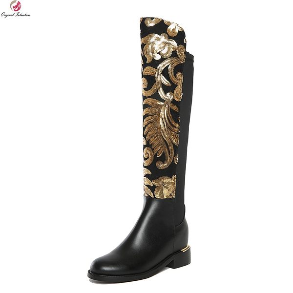 

original intention fashion knee high boots heels boots round toe low square heels glitter winter shoes woman plus size 4-10, Black