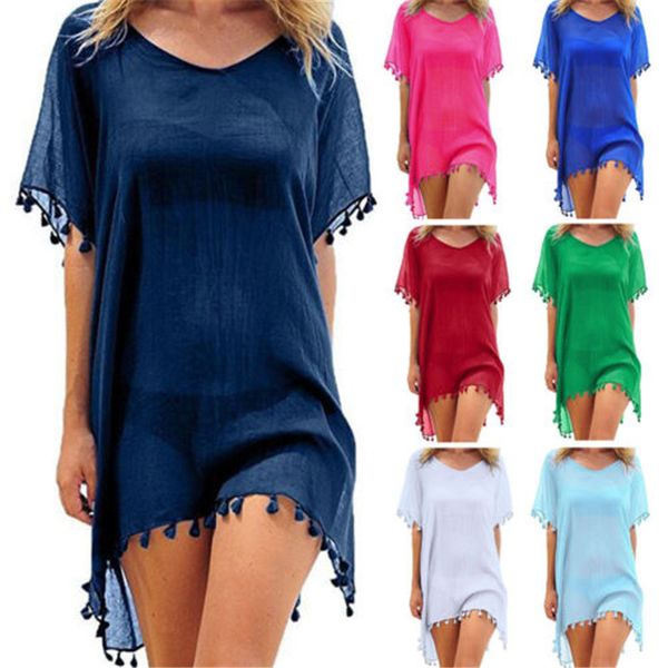 

2018 new summer dress 10 colors tassel chiffon tassel beach cover ups women beachwear swimwear pareo bathing suits cover ups, Blue;gray