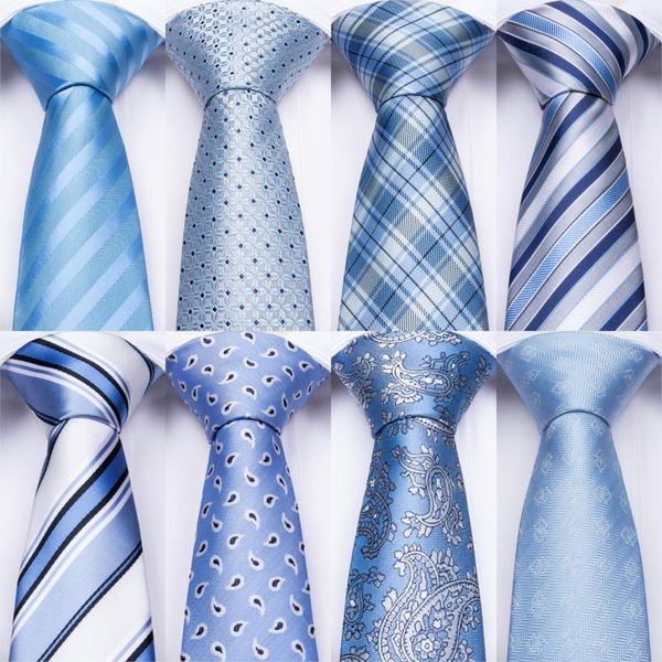 

hi-tie light blue striped mens ties hanky cufflinks set silk neck ties for men wedding party business tie men set dropshipping, Blue;white